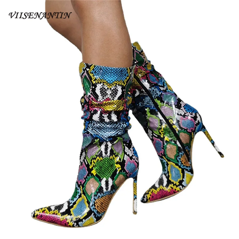 Autumn and Winter New Trend New Trendy Pointed Toe Colorful Snake Print Super High Heel Mid Tube Knight Boots Sexy Short Boots
Autumn and Winter New Trend New Trendy Pointed Toe Colorful Snake Print Super High Heel Mid Tube Knight Boots Sexy Short Boots