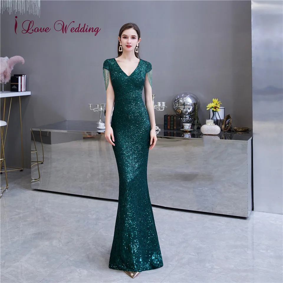 

New Arrival 2020 Sexy V Neck Emermaid Green Sequins Trumpet Evening Dresses Long Short Sleeves Cheap Party Gown Dress Evening