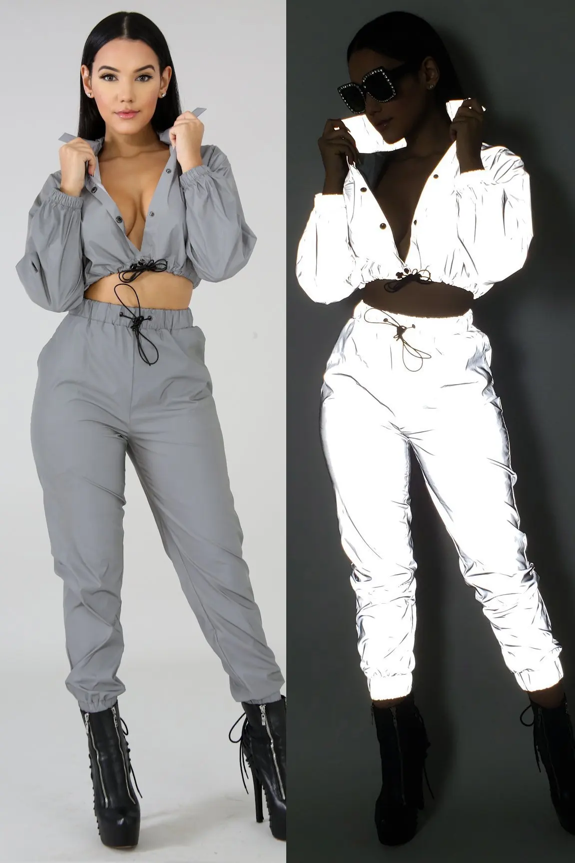 Women Sexy Reflective Tracksuit Night Version Buttons Turn Down Collar Long Sleeve Crop Top + Casual Pants Two Piece Set
Women Sexy Reflective Tracksuit Night Version Buttons Turn Down Collar Long Sleeve Crop Top + Casual Pants Two Piece Set