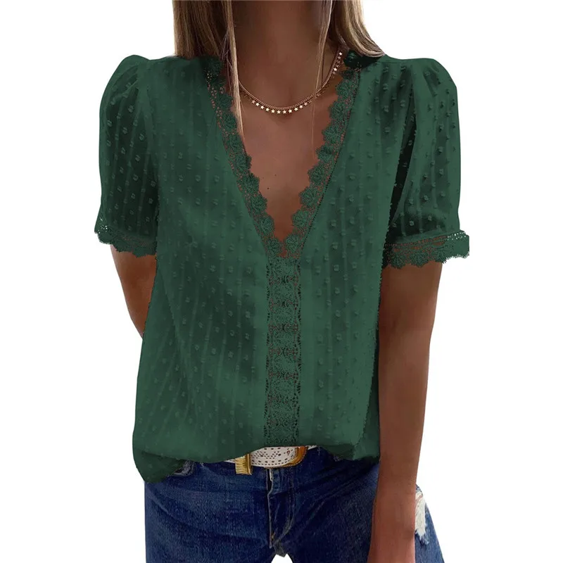 2021 New Temperament Commuter Style Loose Casual Solid Color Deep V-Neck Embroidered Lace Short-Sleeved Mid-Length Blouse Women 
2021 New Temperament Commuter Style Loose Casual Solid Color Deep V-Neck Embroidered Lace Short-Sleeved Mid-Length Blouse Women