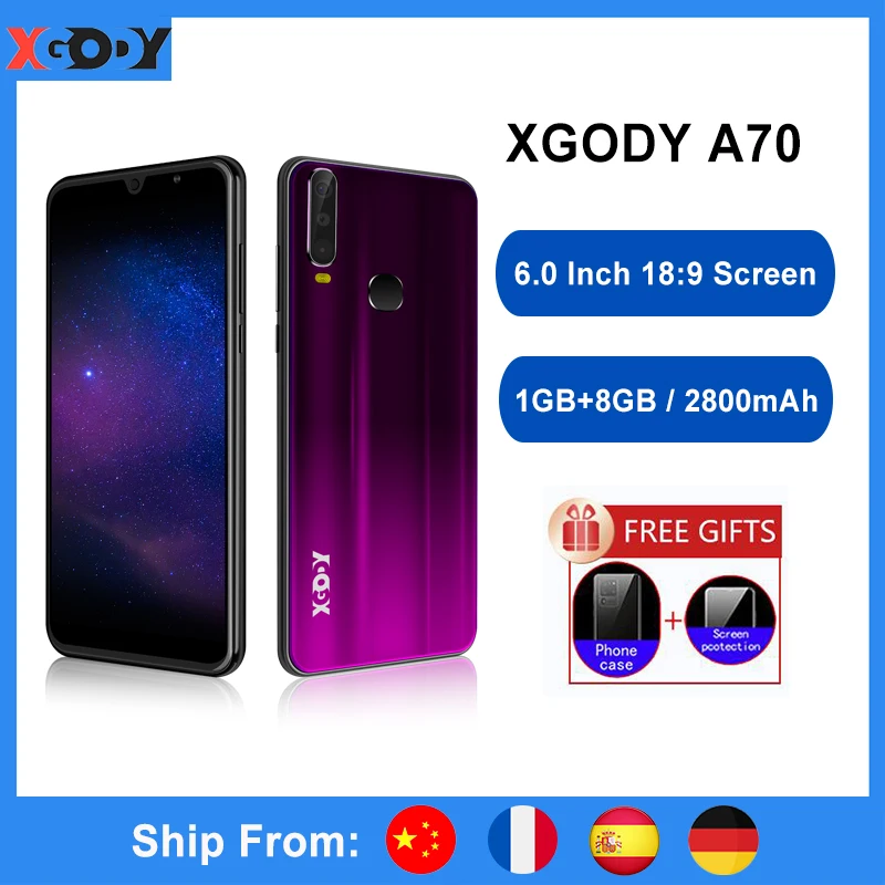 

XGODY Celular Smartphone Android 8.1 6 Inch 18:9 MTK6580 Quad Core 2GB 16GB Dual SIM 3G 5MP Camera GPS WiFi 2800mAh Mobile Phone