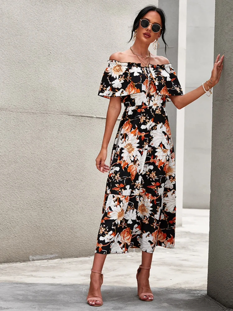 Summer Burst Women's Long Dress New Fashion Loose Skirt Short Sleeve One - Word Shoulder Print Dress Fashion and Comfortable
Summer Burst Women's Long Dress New Fashion Loose Skirt Short Sleeve One - Word Shoulder Print Dress Fashion and Comfortable
