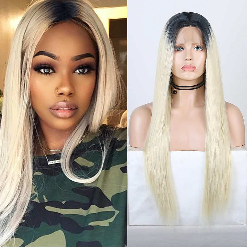 

Charisma Ombre Blonde Hair Synthetic Lace Front Wig Long Silky Straight Wigs for Women Black Roots Lace Wig Heat Resistant Wigs