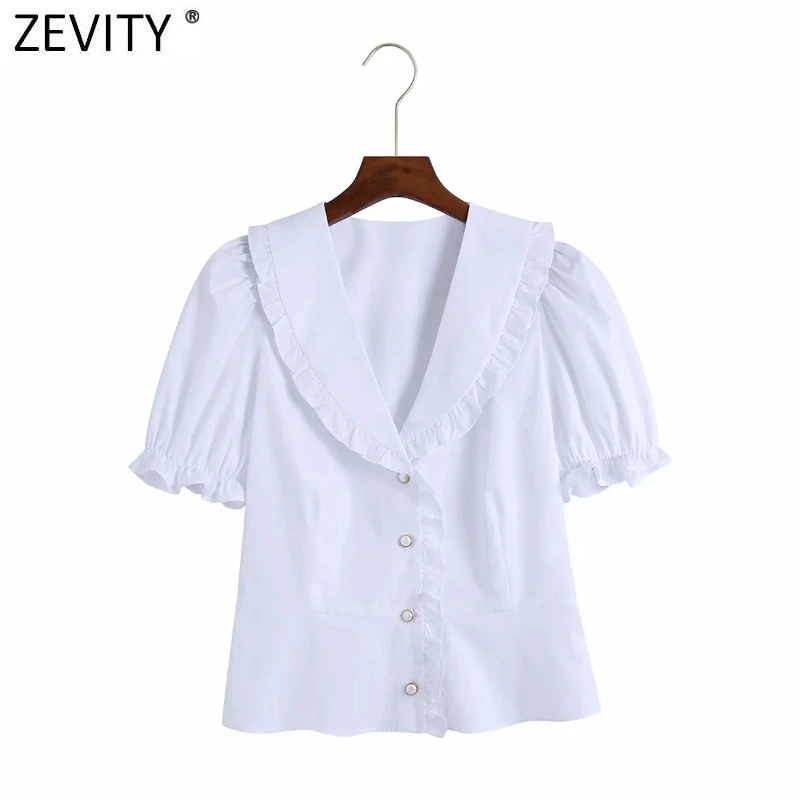 

Zevity New Women Sweet Agaric Lace Ruffles White Poplin Short Smock Blouse Office Lady Puff Sleeve Shirt Chic Blusas Tops LS9353