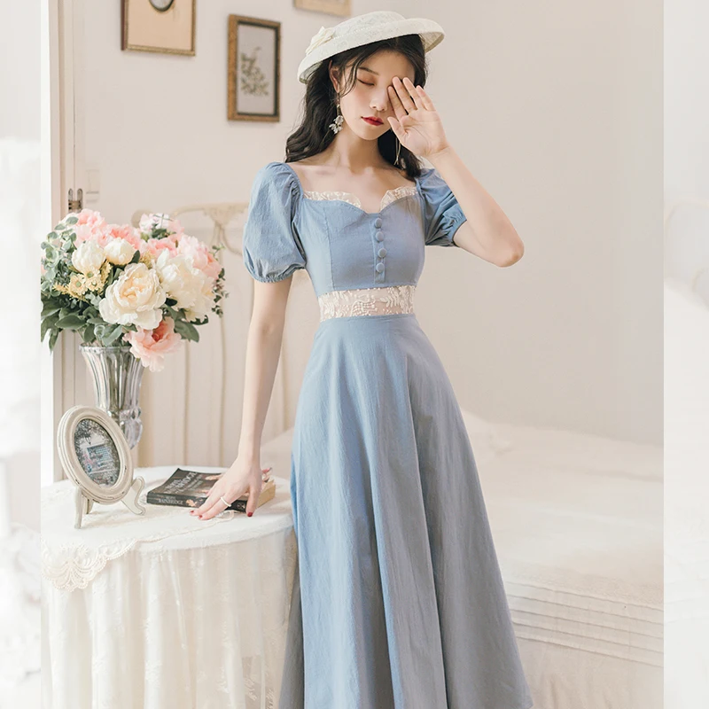 COIGARSAM French Style Women One-Piece Dress Korean Vintage Short Puff Sleeve Blue Dresses Y1090
COIGARSAM French Style Women One-Piece Dress Korean Vintage Short Puff Sleeve Blue Dresses Y1090