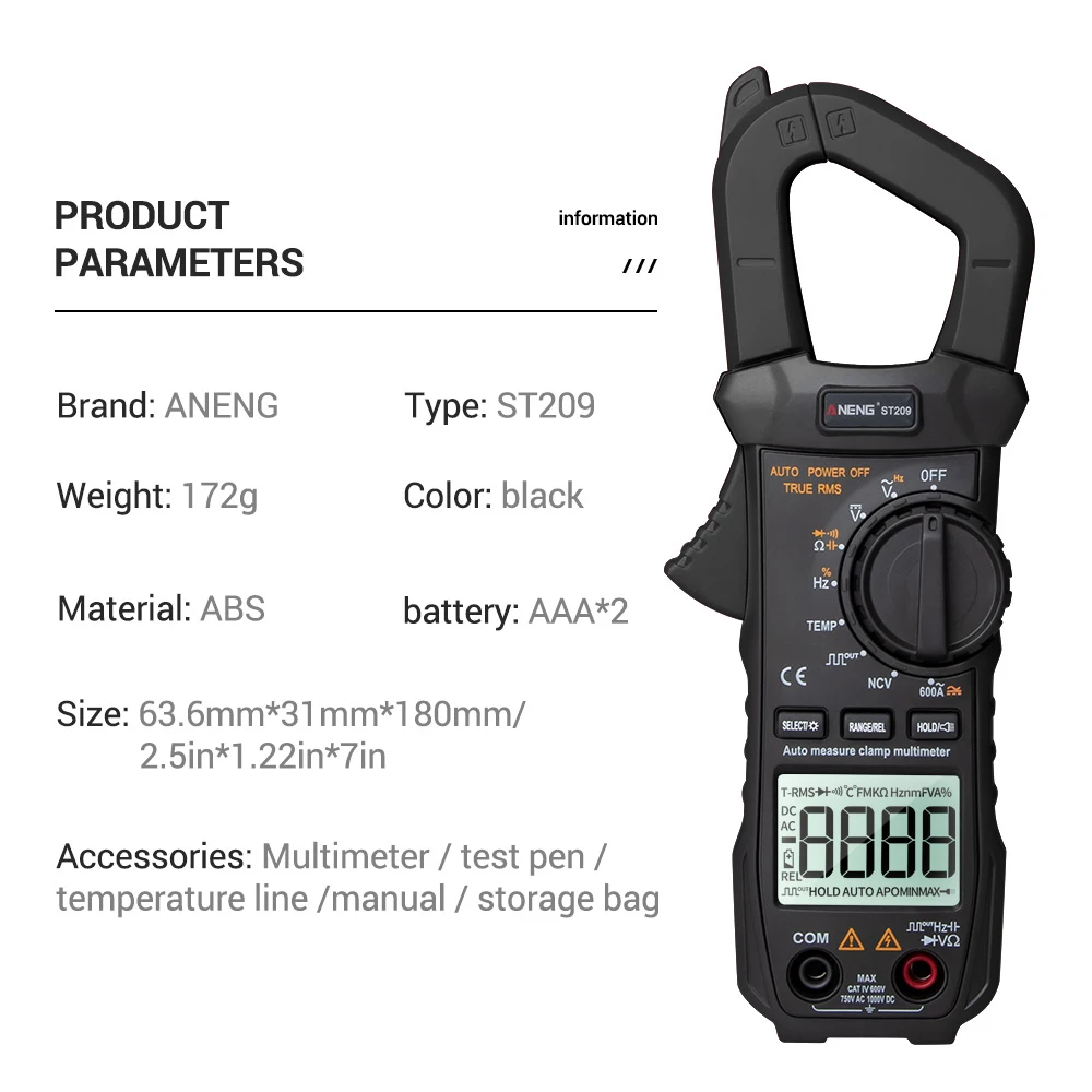 Aneng St209 Digital Multimeter Clamp Meter 6000 Count True Effective Value Amp Dc/ac Current Lcd Monitor Clamp Tester Voltmeter
Aneng St209 Digital Multimeter Clamp Meter 6000 Count True Effective Value Amp Dc/ac Current Lcd Monitor Clamp Tester Voltmeter