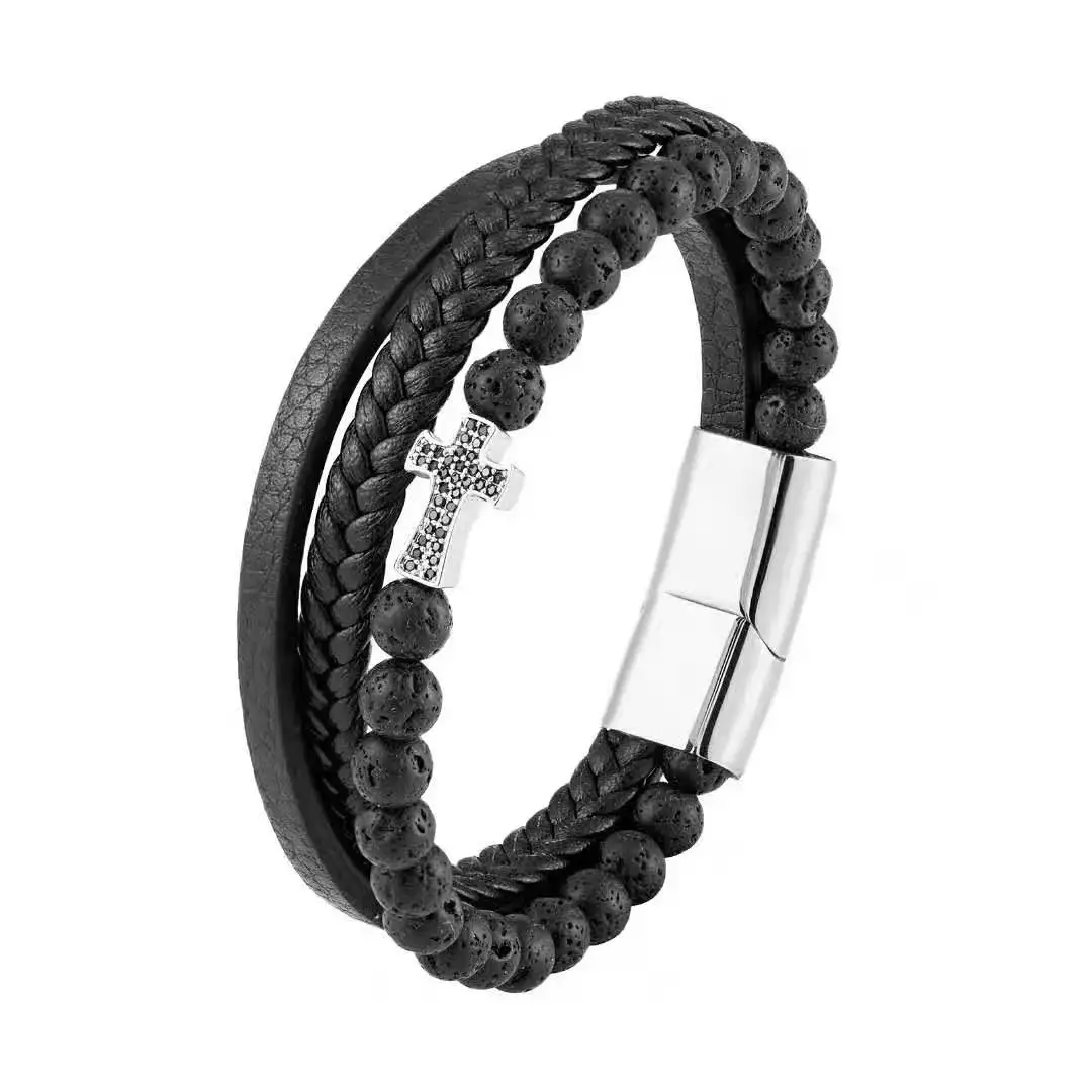 Natural Lava Stone Black Agate Stone CZ Cross Bracelet Stainless Steel Woven Leather Bracelet for Men Women Wrist Jewelry
Natural Lava Stone Black Agate Stone CZ Cross Bracelet Stainless Steel Woven Leather Bracelet for Men Women Wrist Jewelry