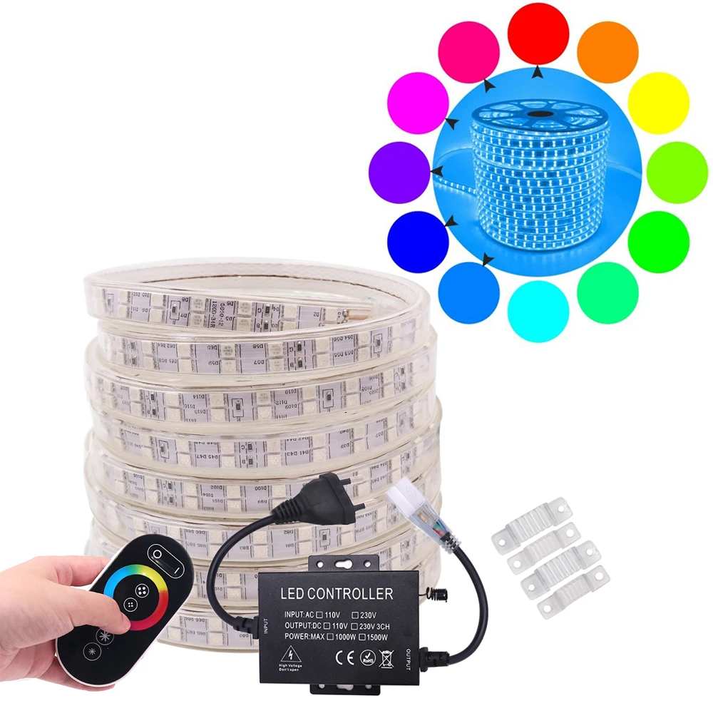 120LED/m LED Strip Light RGB 5050 220V RF Touch Remote Controller Super Bright Double Row Waterproof Flex Ribbon Home Decoration
120LED/m LED Strip Light RGB 5050 220V RF Touch Remote Controller Super Bright Double Row Waterproof Flex Ribbon Home Decoration