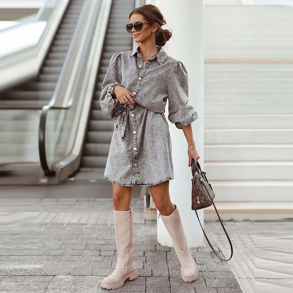 Women Robe Femme Spring Autumn Solid Color Denim Dress Single-Breasted Belt Turn-down Collar Long Sleeve Dress For Woman Vestido
Women Robe Femme Spring Autumn Solid Color Denim Dress Single-Breasted Belt Turn-down Collar Long Sleeve Dress For Woman Vestido