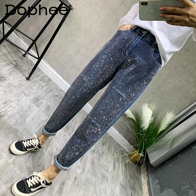 Hot Drilling Blue Ripped Jeans Women High Waist Loose Slimming Harem Baggy Pants 2022 Spring Autumn New Denim Trousers Pantalon
Hot Drilling Blue Ripped Jeans Women High Waist Loose Slimming Harem Baggy Pants 2022 Spring Autumn New Denim Trousers Pantalon