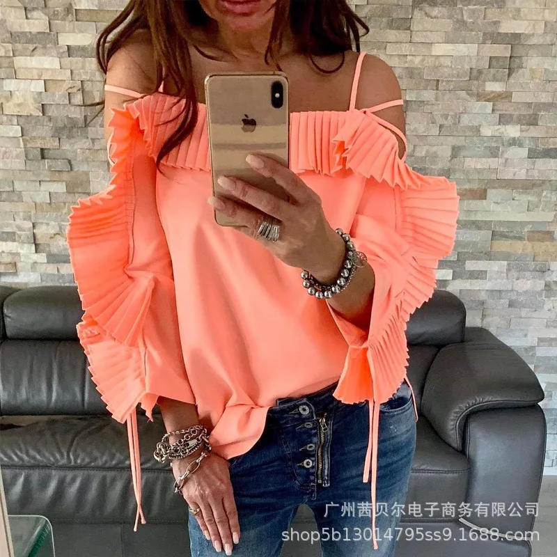 WEPBEL T-shirt Spring Summer Slash Neck Spaghetti Strap Pleated Loose T-shirt Women's Sexy Solid Color Ruffles Stitching T-shirt
WEPBEL T-shirt Spring Summer Slash Neck Spaghetti Strap Pleated Loose T-shirt Women's Sexy Solid Color Ruffles Stitching T-shirt