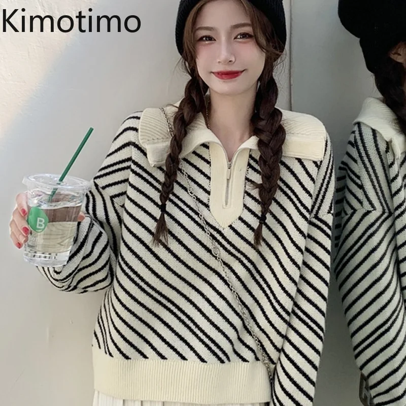 

Женский полосатый свитер Kimotimo, Осень-зима 2021, Модный пуловер в стиле ретро, корейские шикарные повседневные топы с отложным воротником и дли...