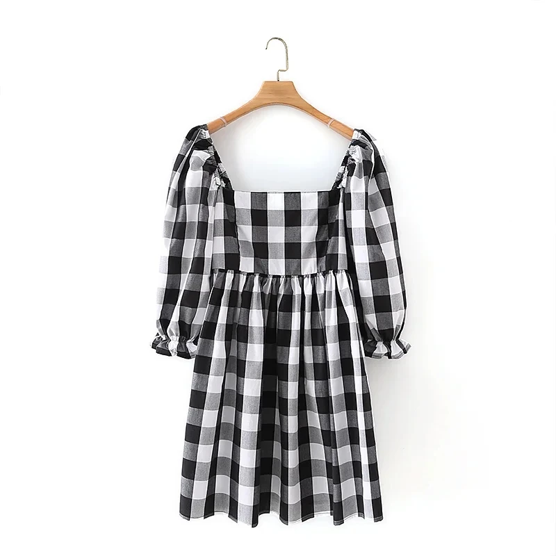 Summer Women Square Collar Black White Plaid Mini Dress Female Lantern Sleeve Clothes Casual Lady Loose Vestido D7517
Summer Women Square Collar Black White Plaid Mini Dress Female Lantern Sleeve Clothes Casual Lady Loose Vestido D7517