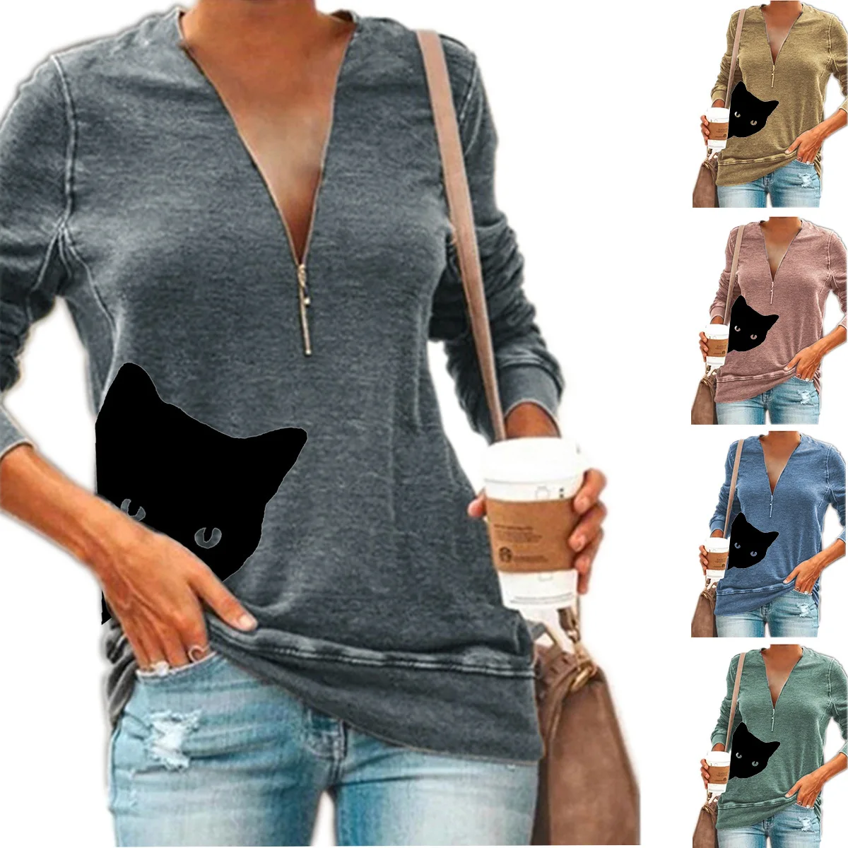 Cat Printed T Shirt Women's Solid V Neck T Shirt Female Ladies Top Casual Women's Fashion Clothing T Shirt Top Zipper Pullovers
Cat Printed T Shirt Women's Solid V Neck T Shirt Female Ladies Top Casual Women's Fashion Clothing T Shirt Top Zipper Pullovers