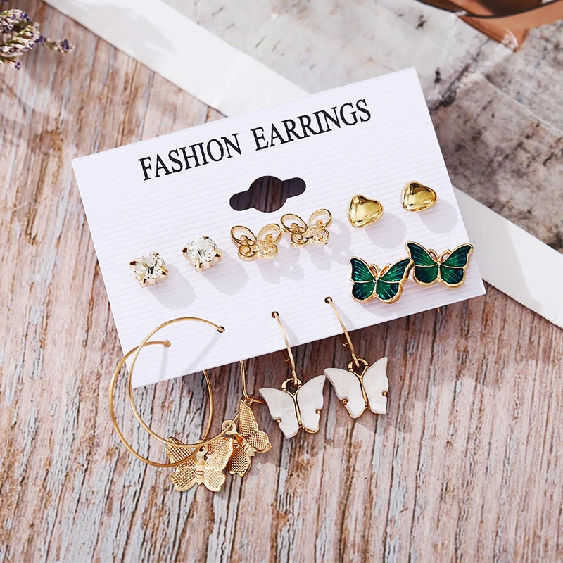 

6Pairs Earrings Mixed Styles Butterfly Heart Rhinestone Geometric Plastic Stud Earrings Set For Women Girls Jewelry