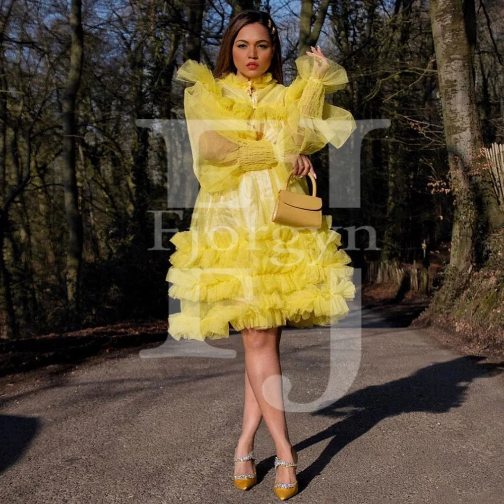 Long Sleeve Knee Length Cocktail Dressing High Neck Custom Made Yellow Tulle Chic Evening Party Dresses Women's Summer Dress
Long Sleeve Knee Length Cocktail Dressing High Neck Custom Made Yellow Tulle Chic Evening Party Dresses Women's Summer Dress