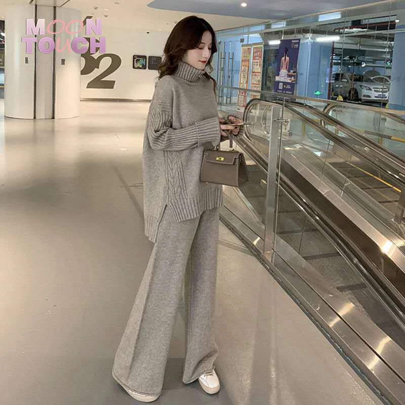 Sweater Solid Set Women's Spring Autumn Knitted Suits 2 Piece Set Warm Turtleneck Long Sleeve Sweater Pullovers Wide Legs Pants
Sweater Solid Set Women's Spring Autumn Knitted Suits 2 Piece Set Warm Turtleneck Long Sleeve Sweater Pullovers Wide Legs Pants