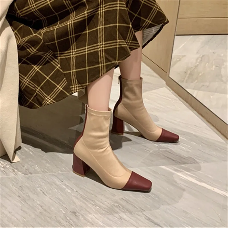 New Square Toe Thick Heel Ankle Boots Cow Leather Women shoes Mixed Color Stretch Short Booties Fall Winter Zip Heelys 7cm
New Square Toe Thick Heel Ankle Boots Cow Leather Women shoes Mixed Color Stretch Short Booties Fall Winter Zip Heelys 7cm