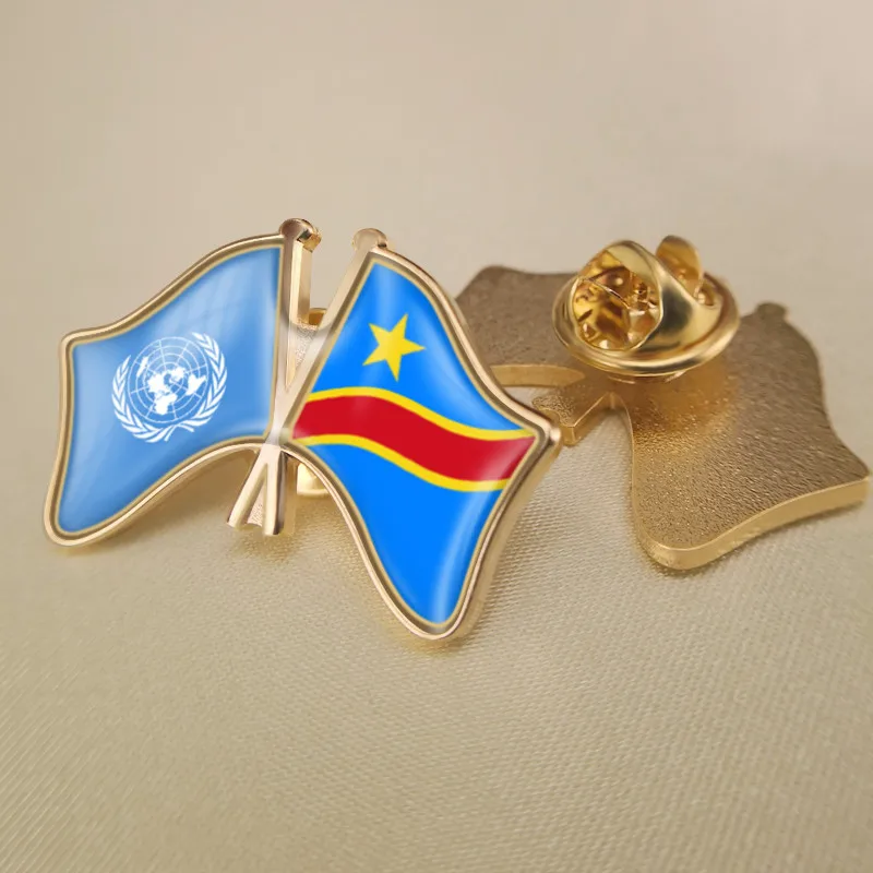 

United Nations and Congo Democratic Republic Crossed Double Friendship Flags Brooch Badges Lapel Pins