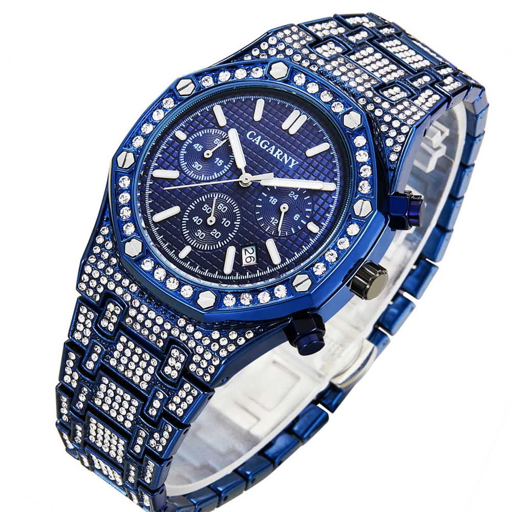 Cagarny Hip Hop Mens Watches Full Diamonds WristWatch Quartz Clock Blue Steel Watch Men Waterproof Chronograph Relogio Masculino
Cagarny Hip Hop Mens Watches Full Diamonds WristWatch Quartz Clock Blue Steel Watch Men Waterproof Chronograph Relogio Masculino