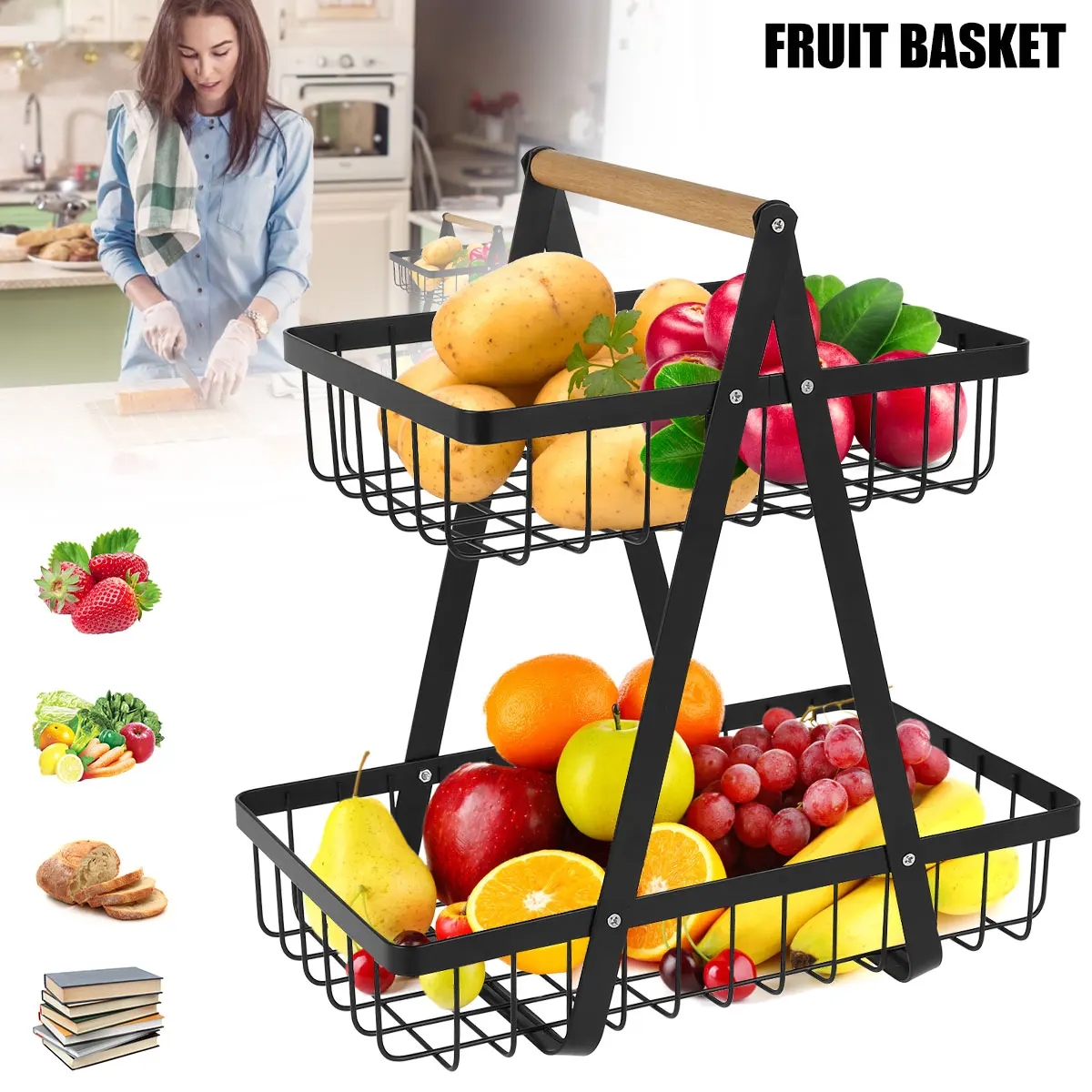 2-Tier Countertop Fruit Basket Vegetable Rack Detachable Storage Holder Metal Fruit Bowl Bread Stand for Kitchen Living Room
2-Tier Countertop Fruit Basket Vegetable Rack Detachable Storage Holder Metal Fruit Bowl Bread Stand for Kitchen Living Room