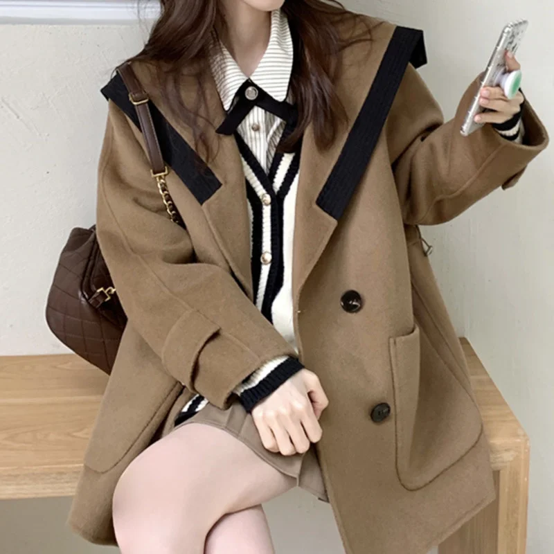 Женское шерстяное пальто с воротником в стиле колледжа, Короткое шерстяное пальто в британском стиле для осени и зимы, 2021 
Женское шерстяное пальто с воротником в стиле колледжа, Короткое шерстяное пальто в британском стиле для осени и зимы, 2021
