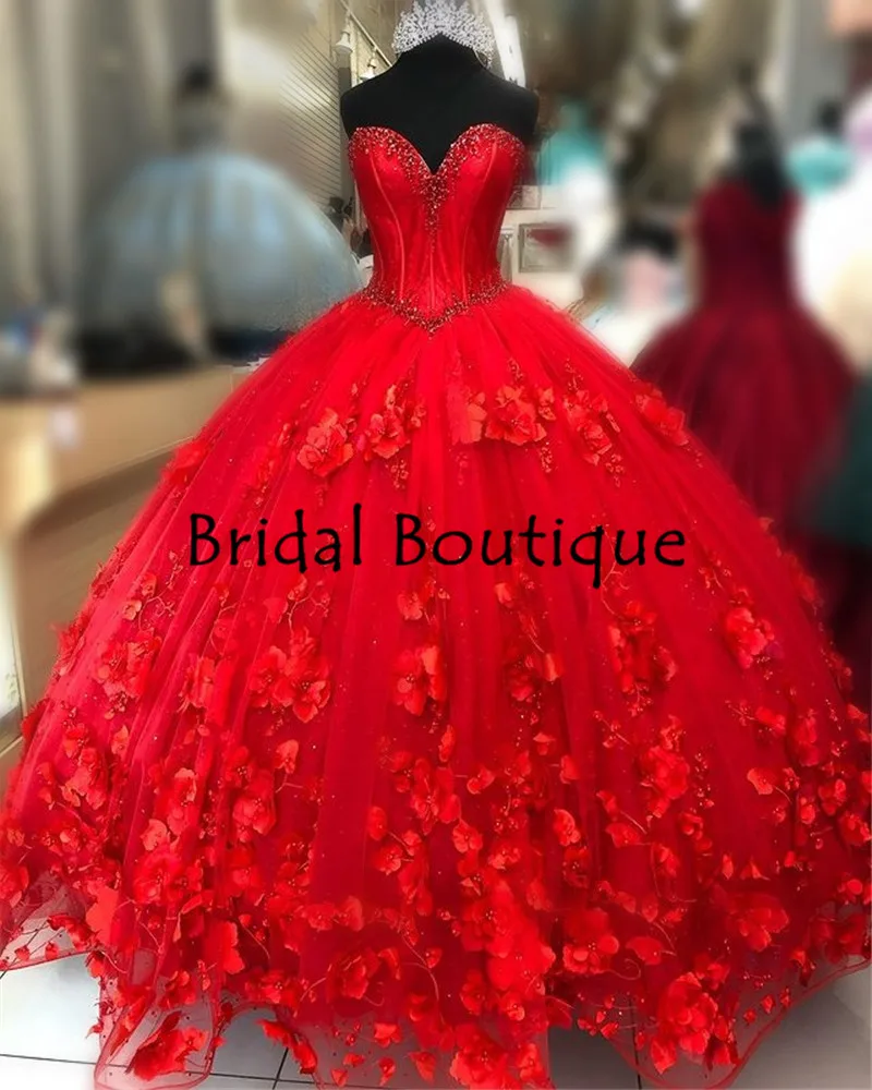Фото Женское праздничное платье Красное Бальное Платье с 3D аппликацией в виде цветов
