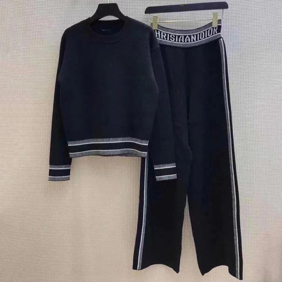 Free Shipping Casual Letter Knit Wide Leg Pants Set 2021 Women New Simple Contrasting Color Side Pullover & Pants Two-piece Set 
Free Shipping Casual Letter Knit Wide Leg Pants Set 2021 Women New Simple Contrasting Color Side Pullover & Pants Two-piece Set