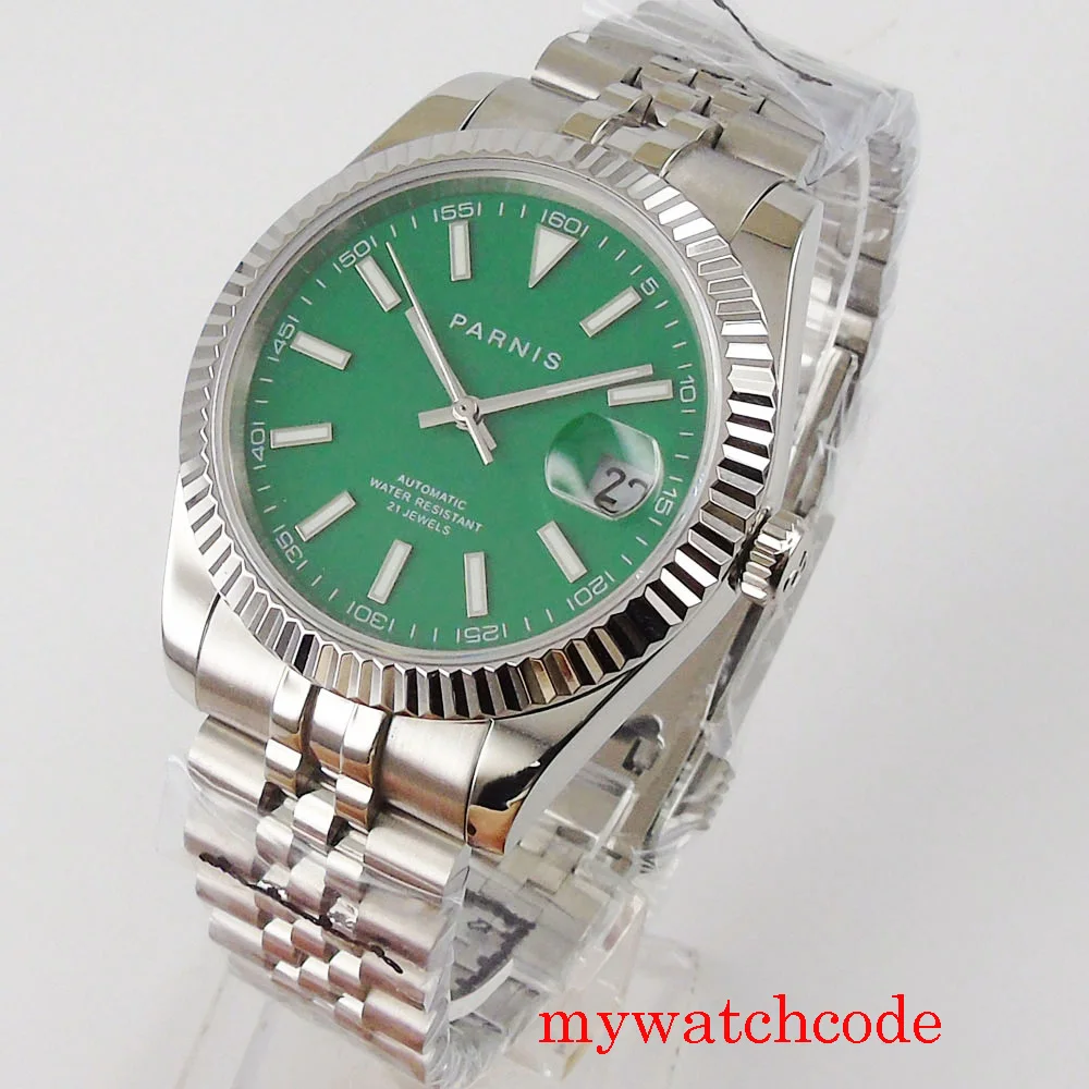 

39.5mm Green Dial Luxury PARNIS Automatic Men's Watch Auto Date Sapphire Crystal Jubilee Strap MIYOTA 8215 Movement