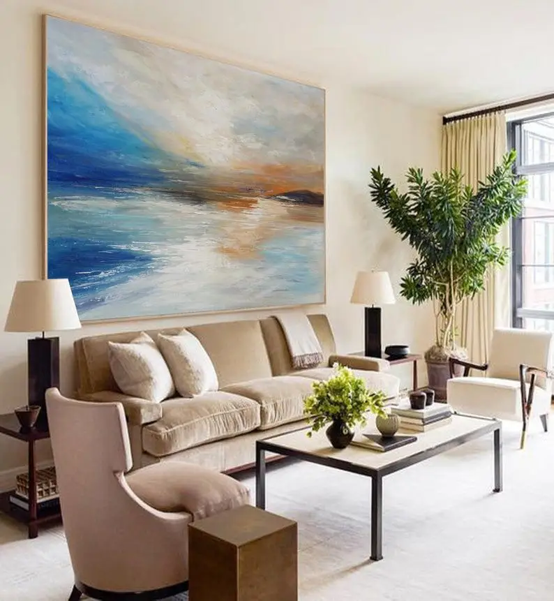 Sunrise Landscape Painting Large Abstract Painting On Canvas Beige Painting Blue Painting Ocean Art Extra Large Wall Art 
Sunrise Landscape Painting Large Abstract Painting On Canvas Beige Painting Blue Painting Ocean Art Extra Large Wall Art