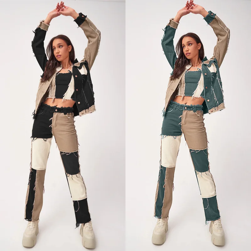 2021 summer new style big European and American trend mixed color stitching high waist tight hip women's straight denim trousers
2021 summer new style big European and American trend mixed color stitching high waist tight hip women's straight denim trousers