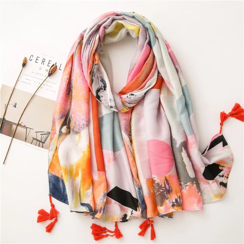 Autumn Winter Fashion Abstract Painting Tassel Viscose Shawl Scarf Women High Quality Print Warm Hijabs and Wraps Muslim Sjaal 
Autumn Winter Fashion Abstract Painting Tassel Viscose Shawl Scarf Women High Quality Print Warm Hijabs and Wraps Muslim Sjaal