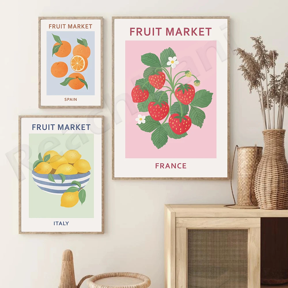 

Fruit Market Print , Abstract Fruit Print, Botanical Poster, Lemon Strawberry Orange Wall Art, Colourful Wall Art