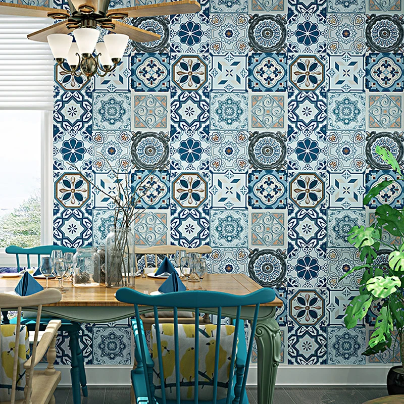 

Средиземноморский цветочный узор 3D ПВХ настенная бумага синий цвет гостиная спальня фон богемский винил настенная бумага домашний декор