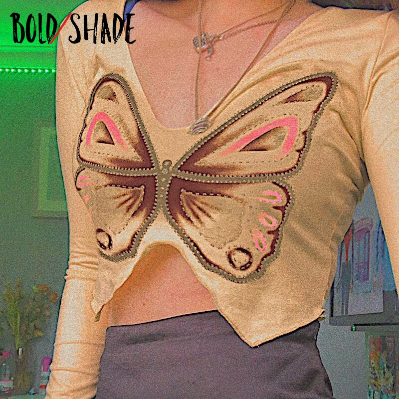 Bold Shade Cyber Y2K Bodycon Fashion Women Tee Shirt Butterfly Print V-Neck Split Long Sleeve Tees Indie Style Women Tops 2021
Bold Shade Cyber Y2K Bodycon Fashion Women Tee Shirt Butterfly Print V-Neck Split Long Sleeve Tees Indie Style Women Tops 2021