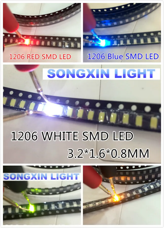 100 шт./лот 3216 1206 SMD СВЕТОДИОД супер яркий красный/зеленый/синий/желтый/белый
