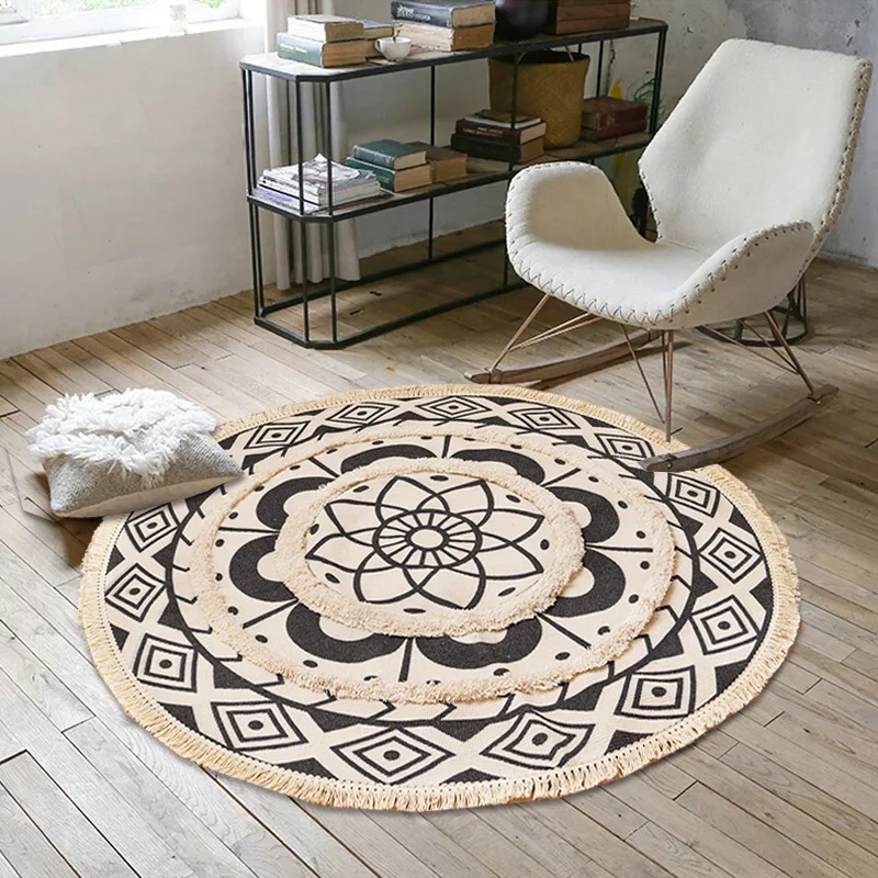 

Colorful Tufting Round Carpet Moroccan Cotton Linen Floor Carpets Living Room Bedroom Anti-slip Doormat Mat Tassels Area Rugs