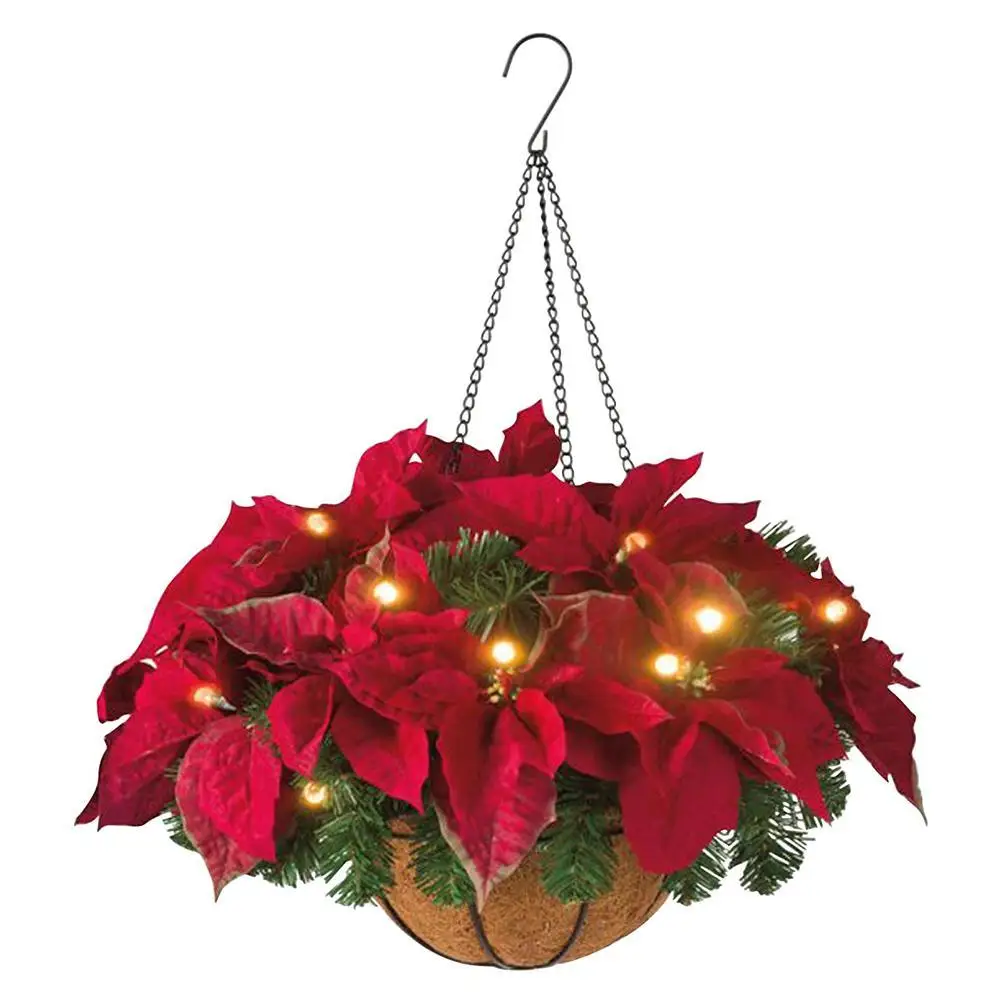 

Pre-lit Christmas Hanging Basket Flocked Mixed Decorations LED Lights Artificial Frosted Berry Pine Cones for Outdoor Yard Decor