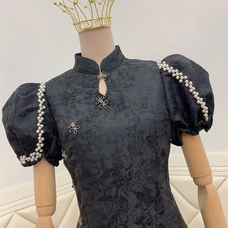 2021 Summer Fashion Beading Chinese Cheongsam Dress Women Girls Retro Qipao Bodycon Sexy Short Vintage Black Mini Dress 
2021 Summer Fashion Beading Chinese Cheongsam Dress Women Girls Retro Qipao Bodycon Sexy Short Vintage Black Mini Dress