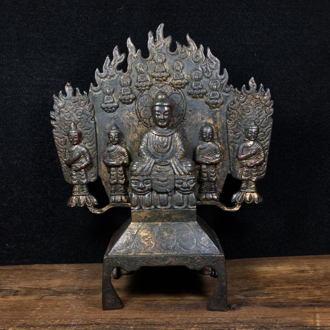 

9"Tibetan Temple Collection Old Bronze Cinnabar Lacquer Northern Wei Buddha Sakyamuni 5 Buddha Bench buddha Ornaments Town House