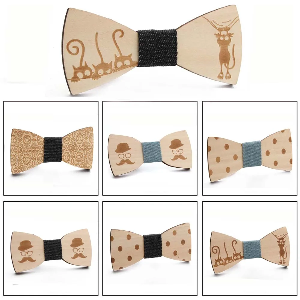 Фото Деревянный модный галстук-бабочка в виде кошки мужские аксессуары супер стиль
