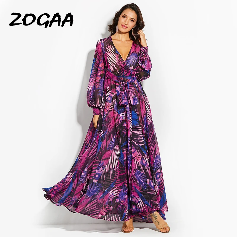 

ZOGAA Long Sleeve Dress Purple Tropical Beach Vintage Maxi Dresses Boho Casual V Neck Belt Lace Up Tunic Draped Plus Size Dress