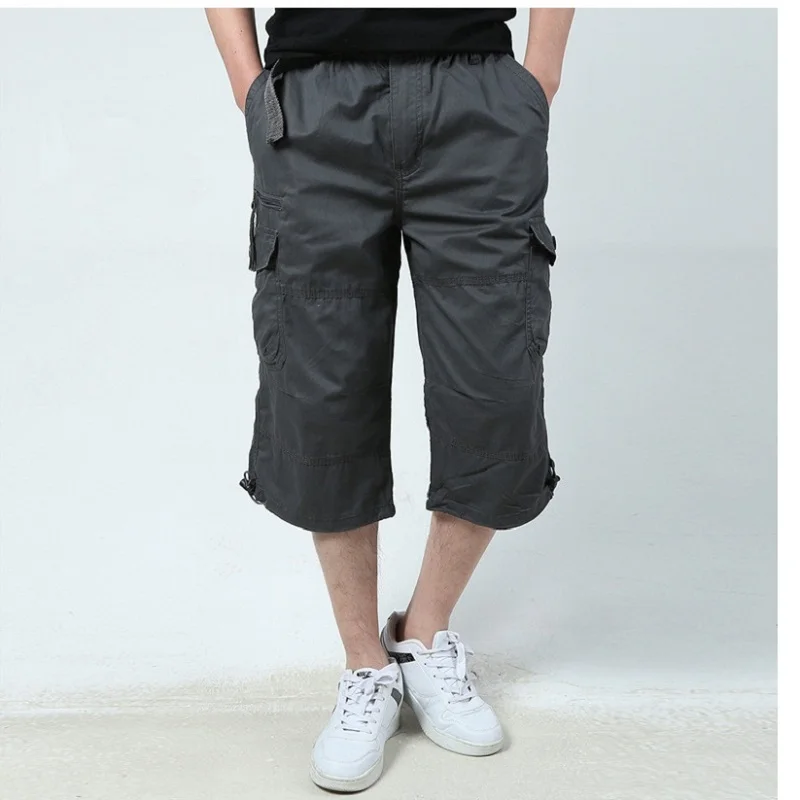 

Summer Men's Baggy Multi Pocket Cargo Straight Shorts breeches Male Long Army Green Khaki Mens Loose Short Plus Size 5XL