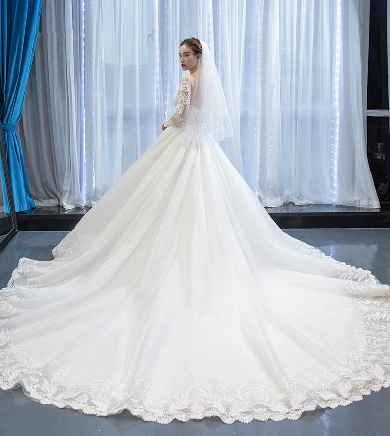 Кружевное свадебное платье J67022 2020 с круглым вырезом длинными рукавами