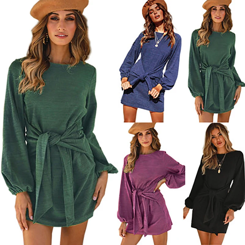 2021 New Autumn and Winter Long-sleeve Sweater Dress O Neck Slim Lace Up Knitted Dresses Women Fall Clothes 
2021 New Autumn and Winter Long-sleeve Sweater Dress O Neck Slim Lace Up Knitted Dresses Women Fall Clothes