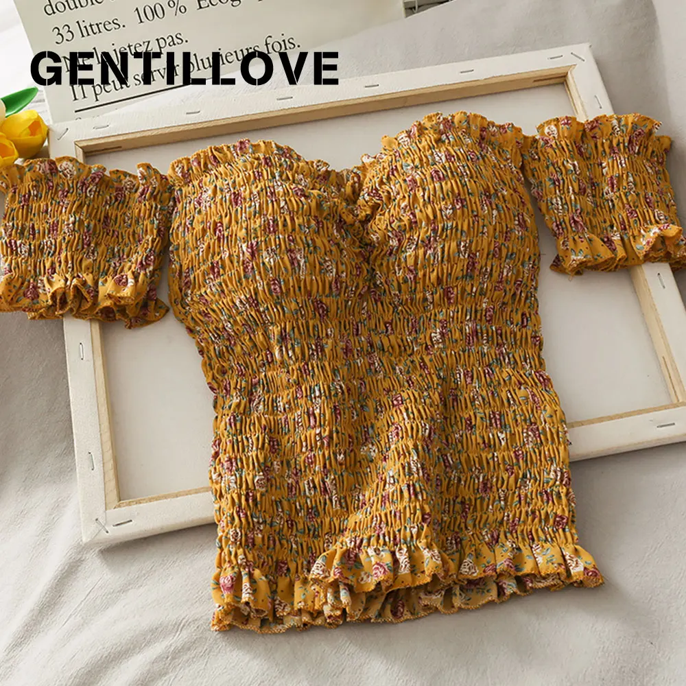 Elegant Print Stretchy Flower Shirt Summer Sweet Ruffles Slash Neck Cropped Blouses With Pads Women Padding Crop Top Chic Blouse
Elegant Print Stretchy Flower Shirt Summer Sweet Ruffles Slash Neck Cropped Blouses With Pads Women Padding Crop Top Chic Blouse