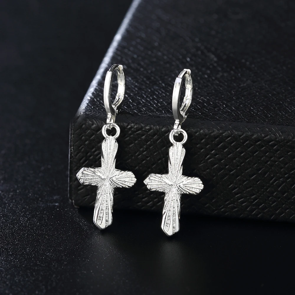 

Fine 925 Sterling Silver Earrings Lady drop women Cross hook party charms wedding nice cute Bohemia fashion classic jewelry