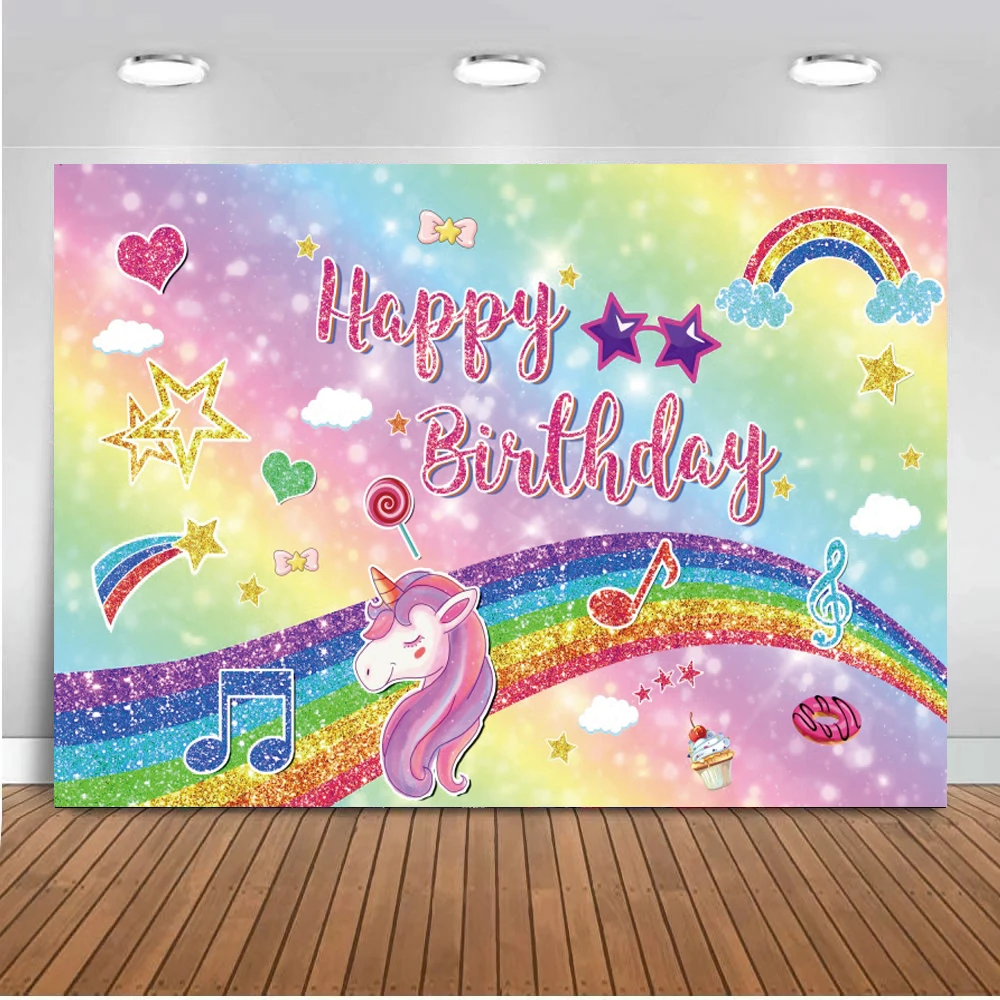 

Блестящие блестящие радужные Музыкальные Символы Единорог фото фон для девочек день рождения конфеты праздвечерние чный фон для декора ст...