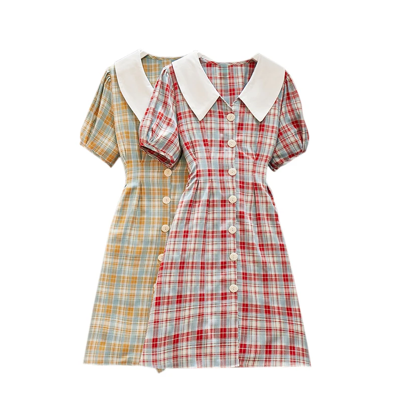L-4XL 2021 New Summer Plus Size Plaid Dress For Women Peter Pan Collar Short Lantern Sleeves Large Back Belt Elegant Dresses
L-4XL 2021 New Summer Plus Size Plaid Dress For Women Peter Pan Collar Short Lantern Sleeves Large Back Belt Elegant Dresses
