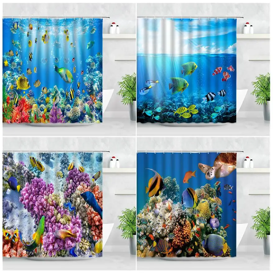 

Underwater World Shower Curtains Fabric Hooks Screens Tropical Fish Coral Sea Turtle Ocean Scenery Child Bathroom Decor Curtain